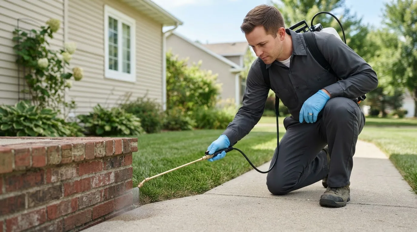Pest control technician treating a home near Kingsbury, TX