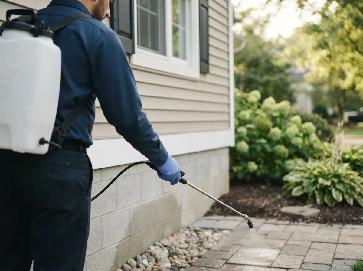 Pest control technician inspecting a home in Kingsbury, TX